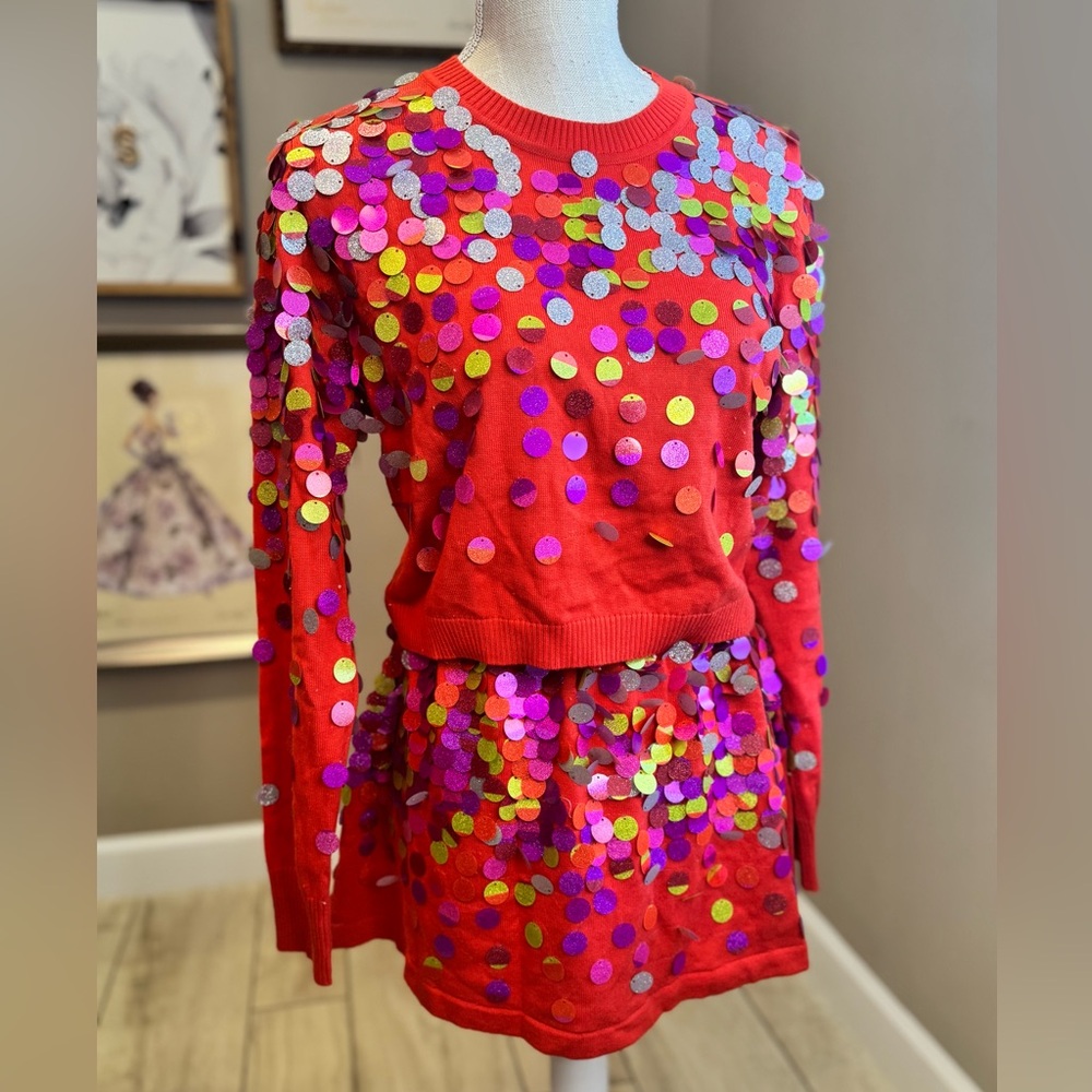 New! QUEEN OF SPARKLES SET! Red and Rainbow Pailette Sweater & Skirt Set